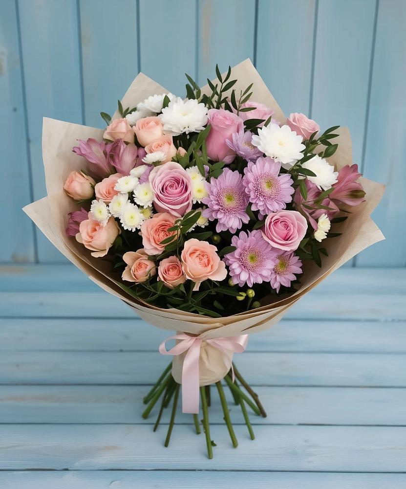 Букет цветов из: Хризантемы, Розы и Альстромерии в Новоалексеевской