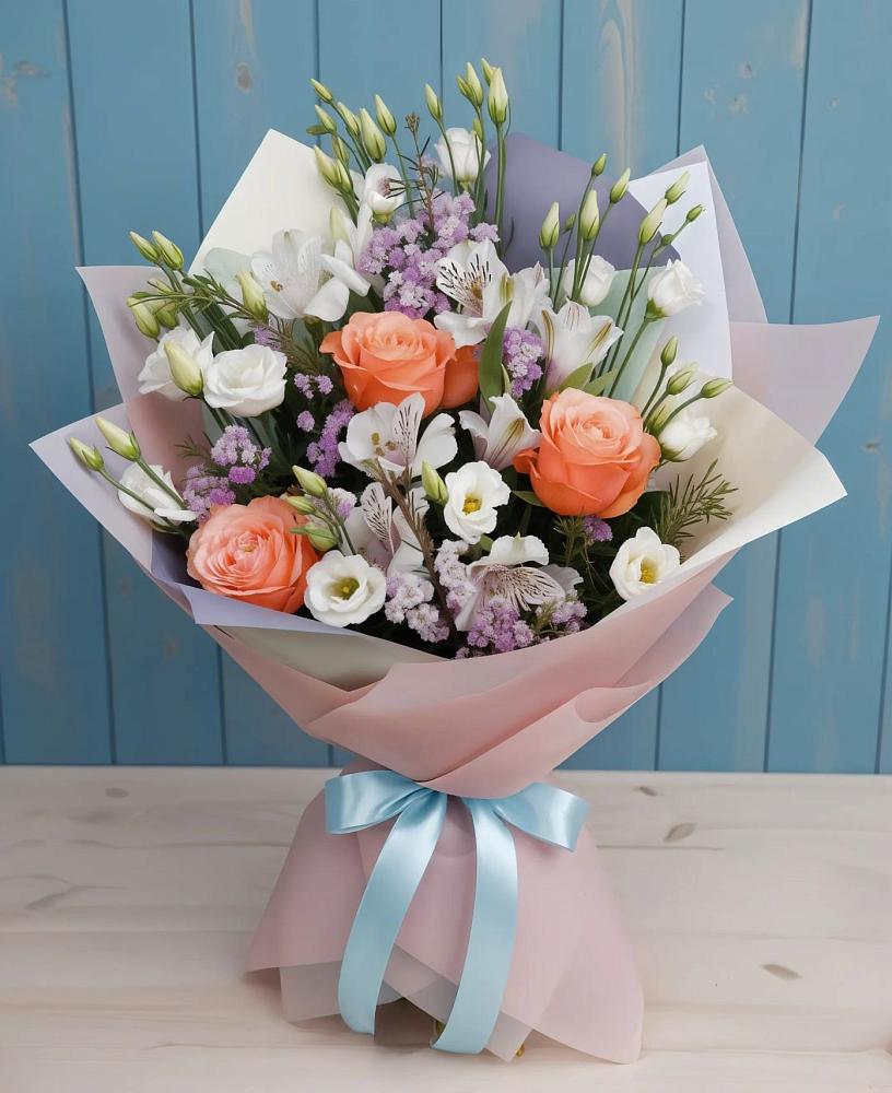 Букет цветов из: Лизиантусы, Розы, Альстромерии и Гипсофила в Новоалексеевской
