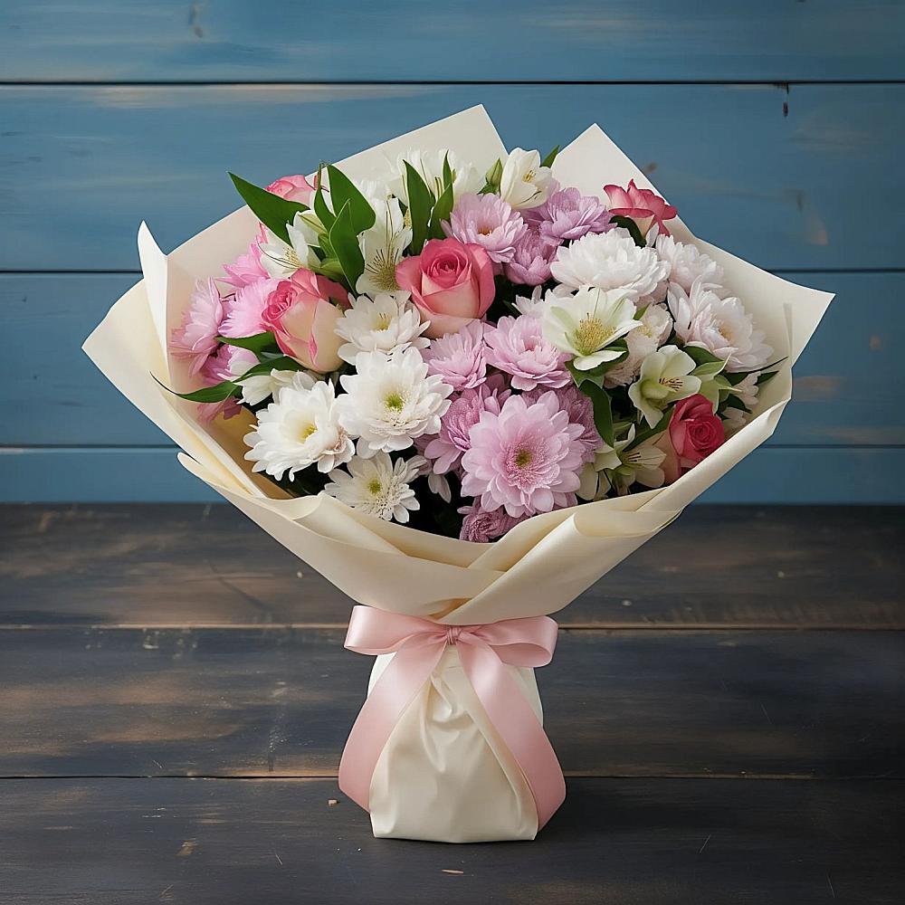 Букет цветов из: Хризантемы, Альстромерии и Розы в Новоалексеевской